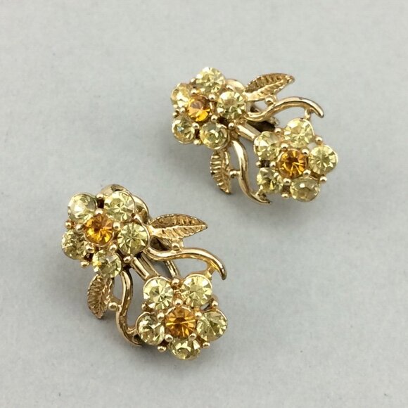 Vintage Coro Yellow Orange Gold Flower Clip On Earrings Cocktail Sparklers Leaf - Picture 5 of 16